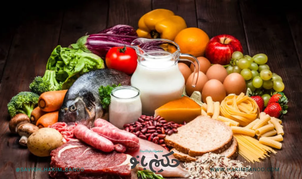 مواد غذایی سالم شامل لبنیات، میوه و سبزیجات