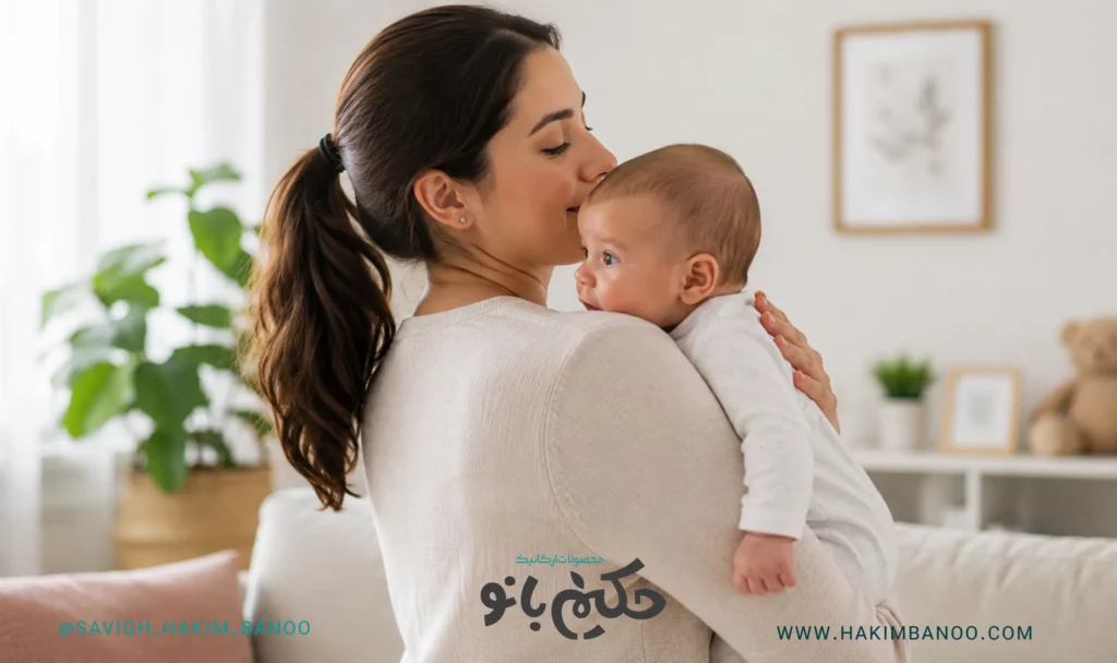 مادر در حال گرفتن آروغ نوزاد